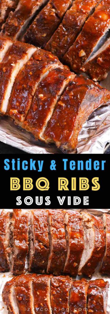 Sous Vide Barbecue Ribs are the most tender and juicy ribs ever! Cooked low and slow to the perfection in the sous vide water bath with a homemade spice rub, then finished on the grill or in the oven with a seasoned BBQ sauce mixture that’s so addictive. Finger licking delicious ribs right here! #SousVideRibs #SousVideBarbecueRibs #SousVideBabyBackRibs