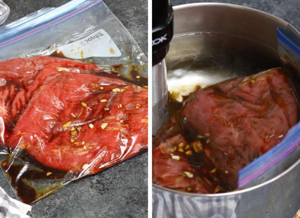 Photo on the left showing marinating flank steak in a zip-top bag; another photo showing sous vide cooking flank steak in a water bath.