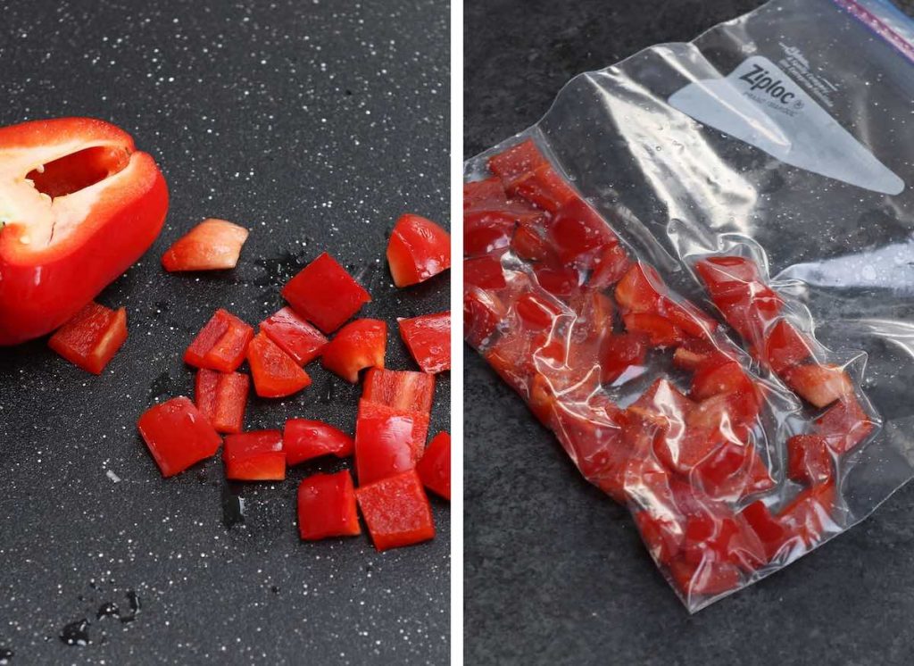 Bell pepper cut into small pieces, and another photo of bell pepper pieces vacuum-sealed in a zip-top bag. 