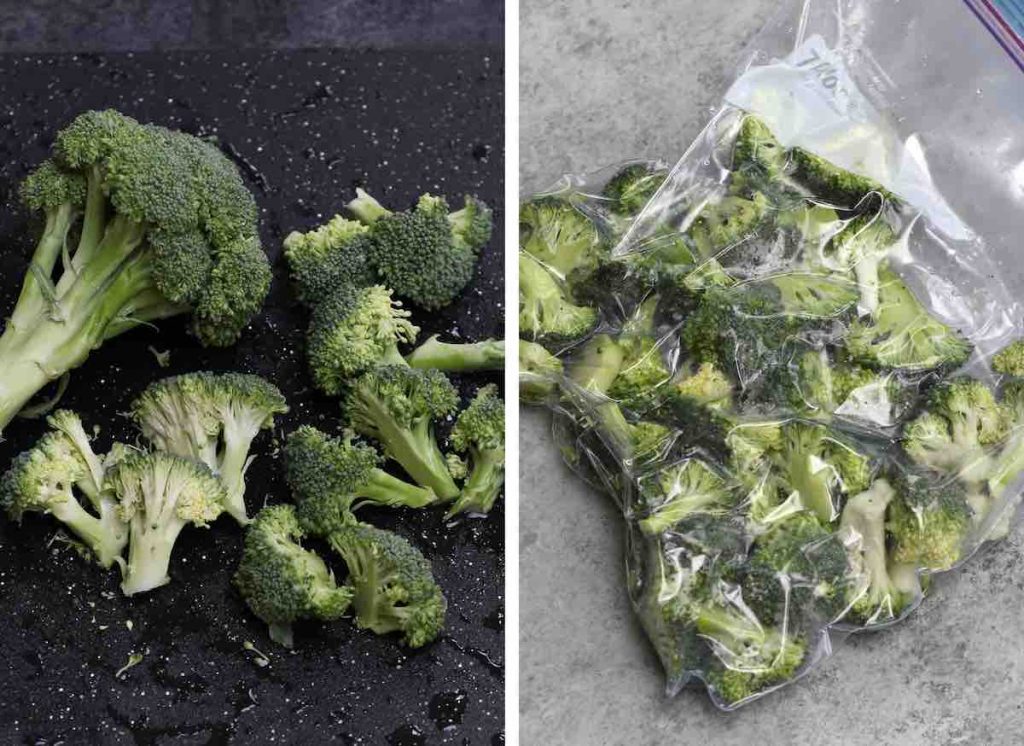 Broccoli cut into small pieces on a cutting board, and another photo of broccoli vacuum-sealed in a zip-top bag.