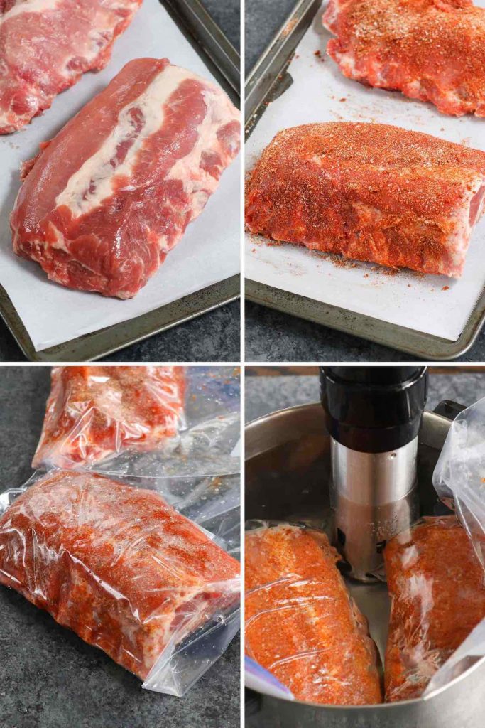 Photo collage showing how to make sous vide bbq ribs.