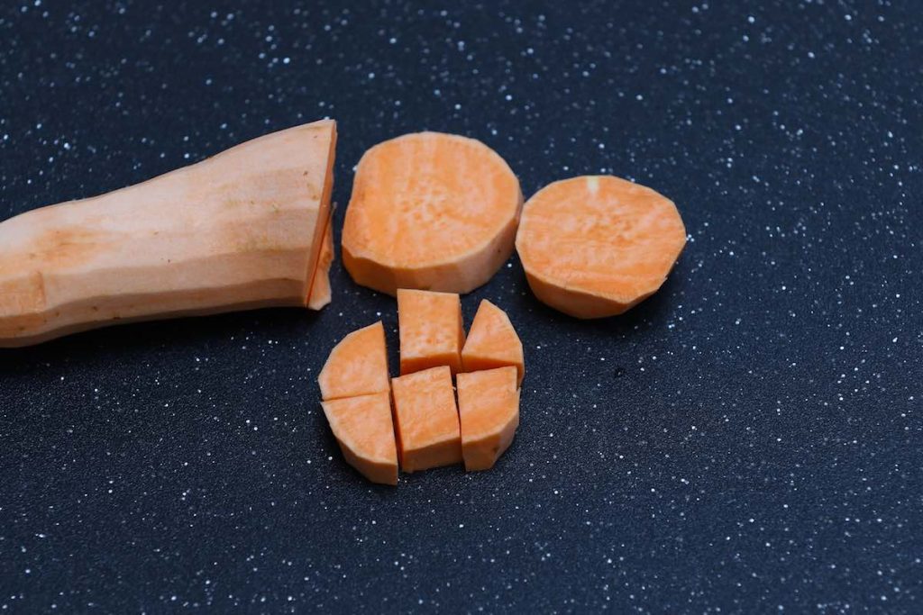 Peeled sweet potatoes cut into 1/2-inch cubes.