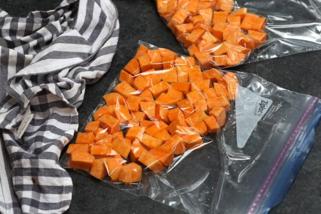 Vacuum-sealed bags of sweet potatoes.