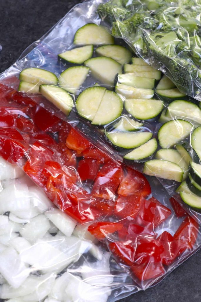 Vegetables vacuum-sealed in bags.