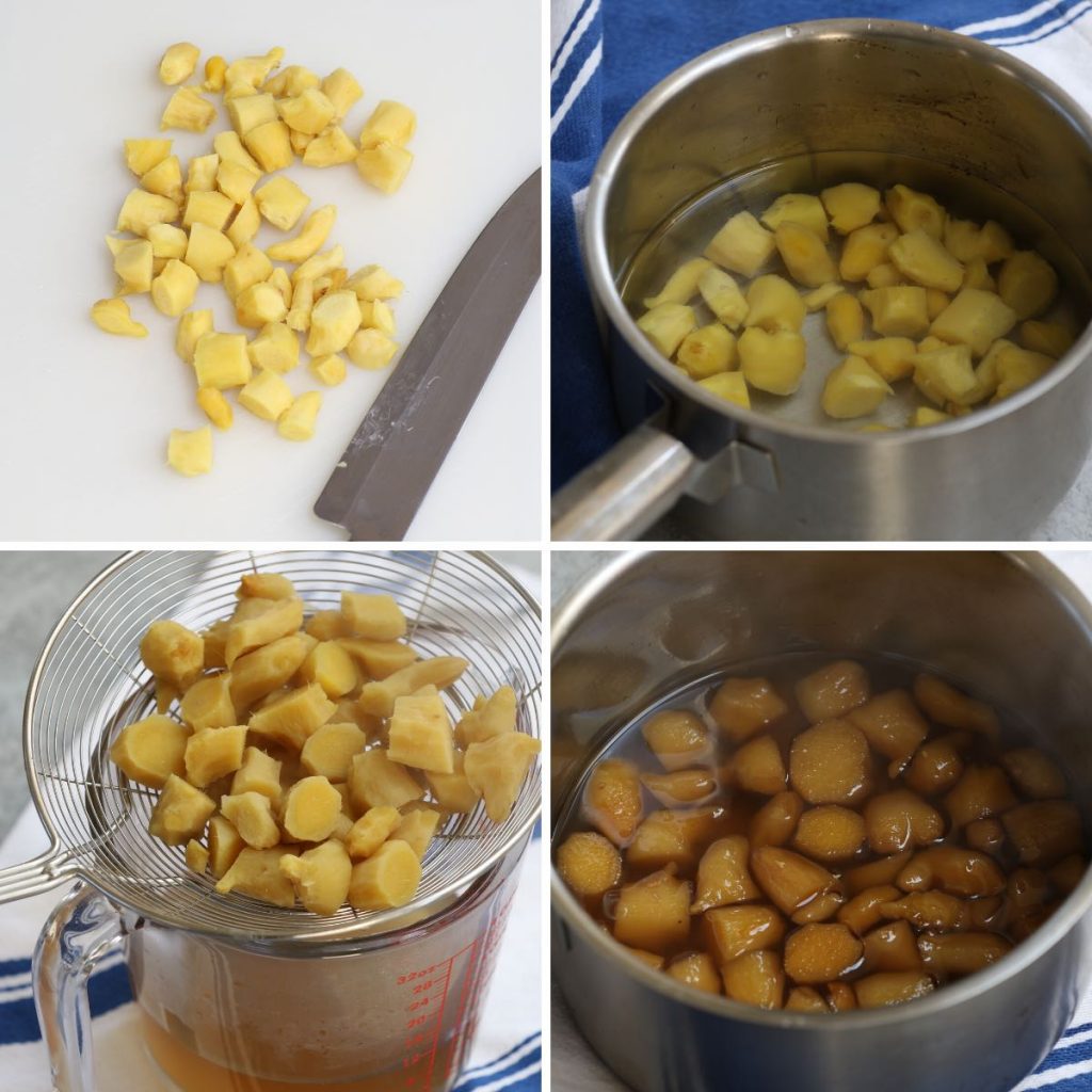 Photo collage showing how to make stem ginger.