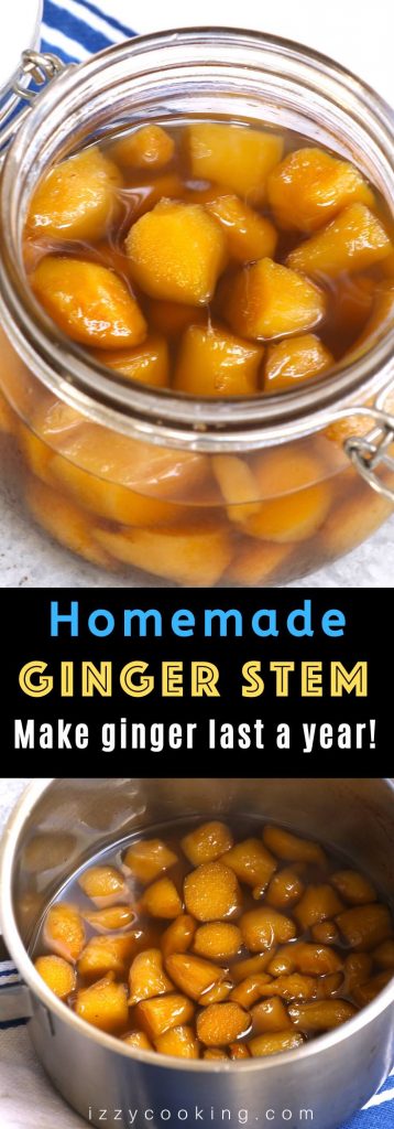 Homemade Stem Ginger is chunks of ginger candied and stored in syrup. It’s a gourmet ingredient that’s sweet and spicy, adding incredible flavor to any recipe calling for ginger. The flavor is way better than store-bought. Make a batch today and use it in all kinds of recipes with minimal effort! #StemGinger #StemGingerInSyrup #WhatIsStemGinger