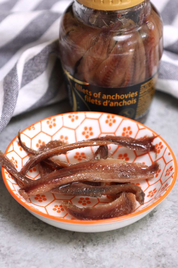 Photo of high-quality anchovies from a jar. This is the one I used for this recipe.