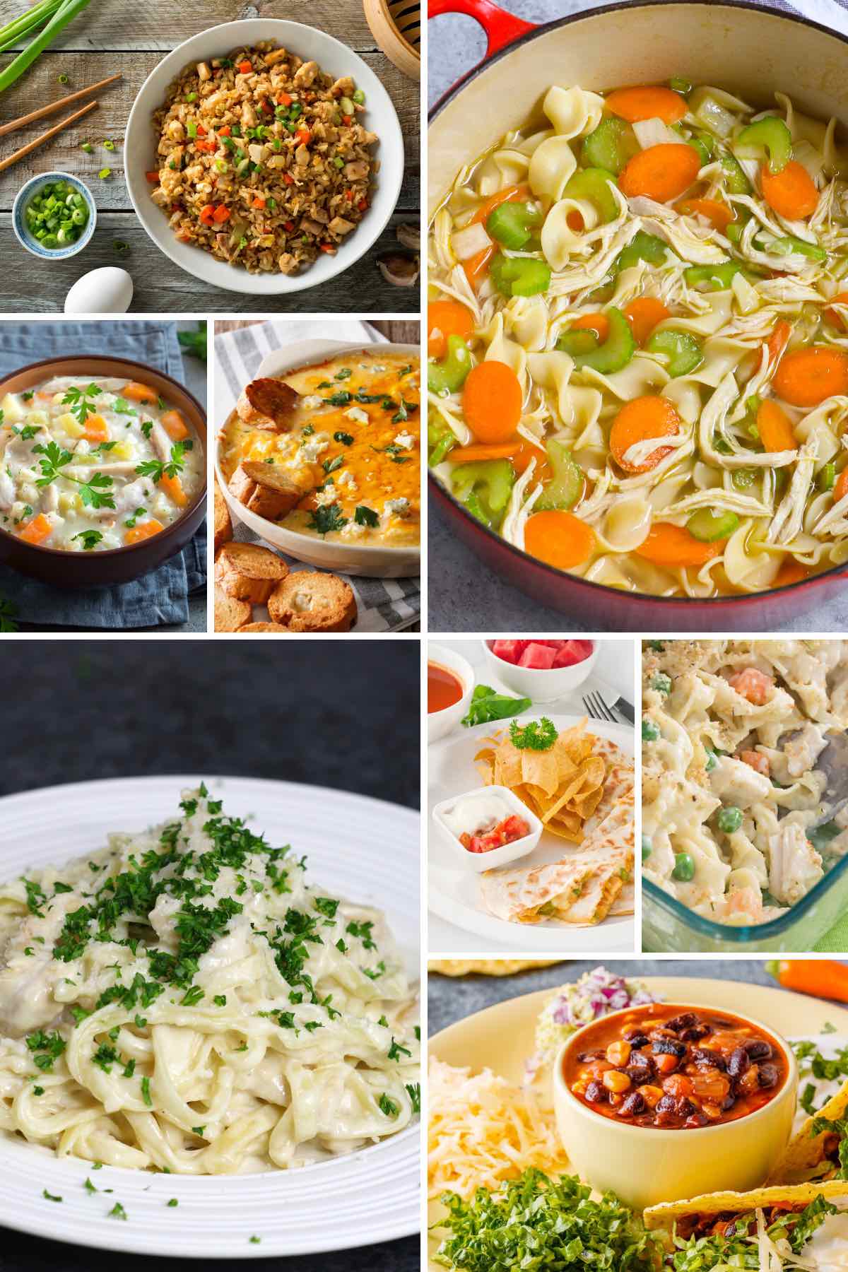 Canned chicken recipes such as noodle soup, fried rice, taco soup, quesadillas, and casserole.