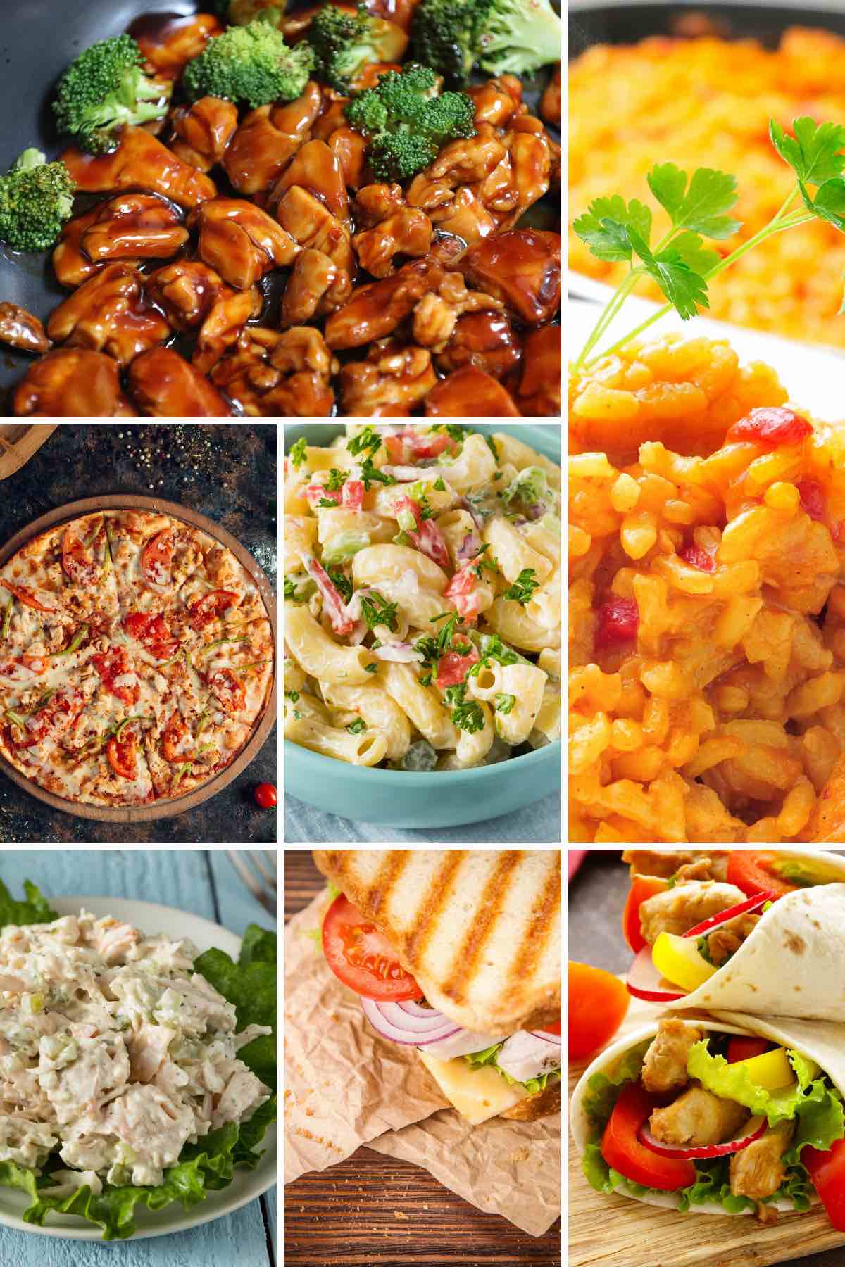 Canned chicken recipes such as stir fry, pizza, sandwiches, and burritos.