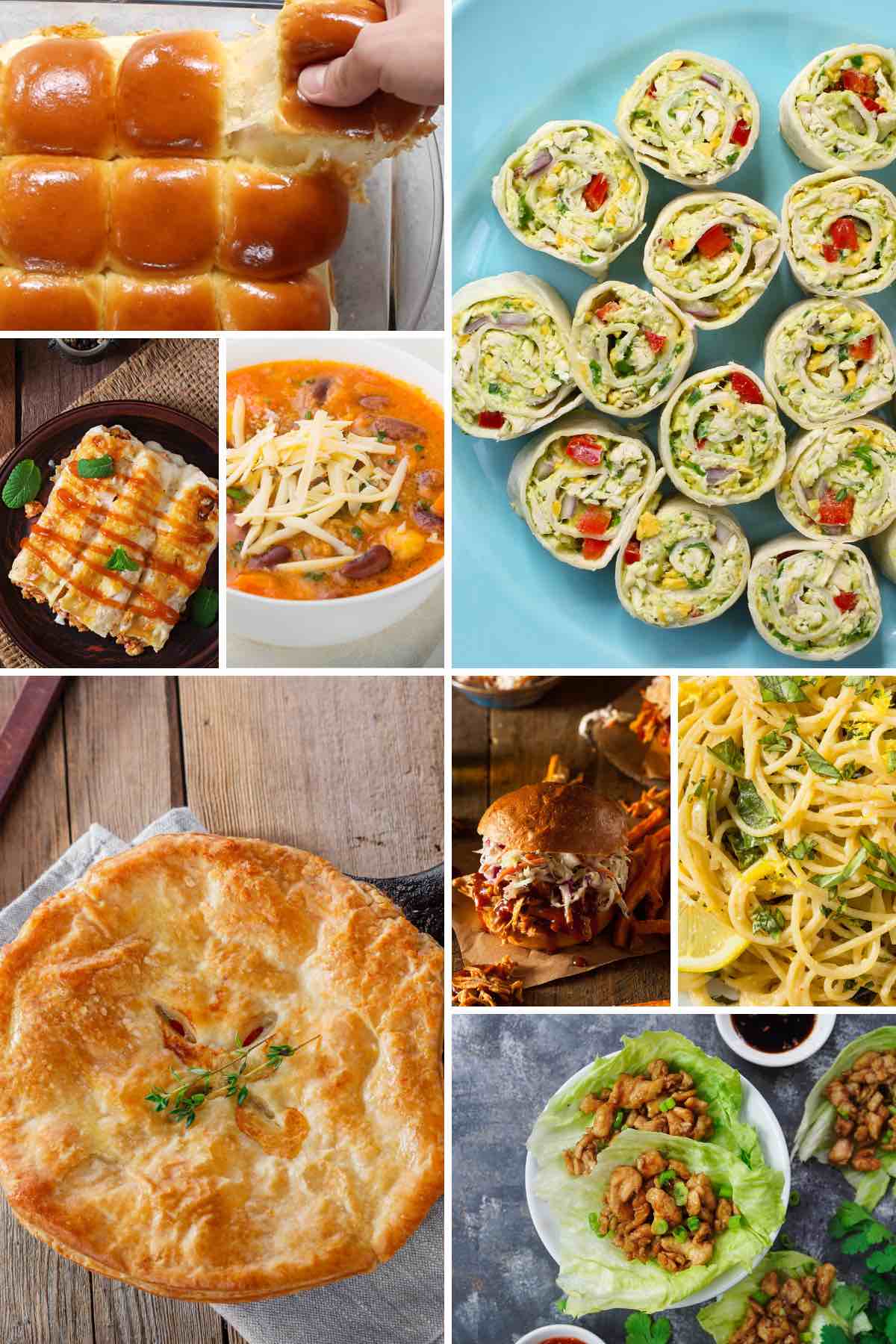 Canned chicken recipes such as pot pie, sliders, roll-ups and lettuce wraps.