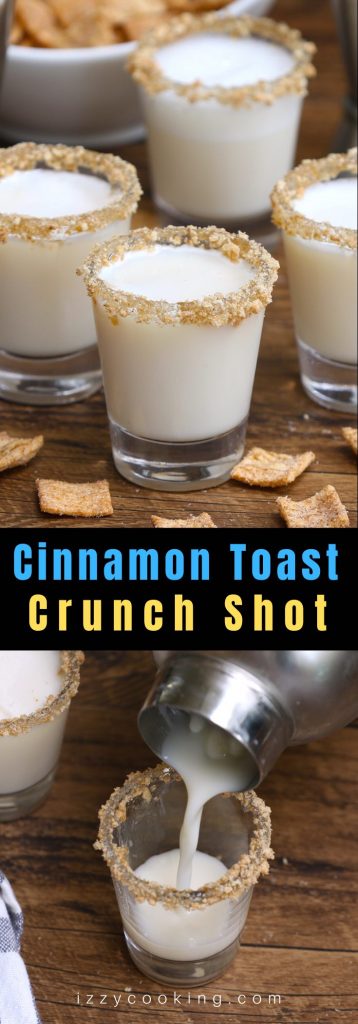 Cinnamon Toast Crunch Shot is an adult version of your favorite childhood cereal, in shot form. The base of this delicious alcoholic drink is RumChata and Fireball Whiskey, served in shot glasses rimmed with crushed cinnamon toast cereal. Sweet, boozy, and creamy with a nice cinnamon flavor! #CinnamonToastCrunchShot #CinnamonToastShot #RumChataShot