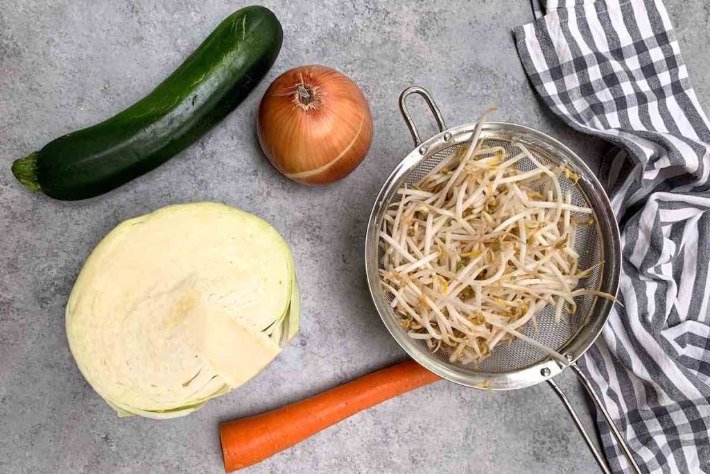 Vegetables including cabbage, bean sprouts, onion, zucchini, and carrot.