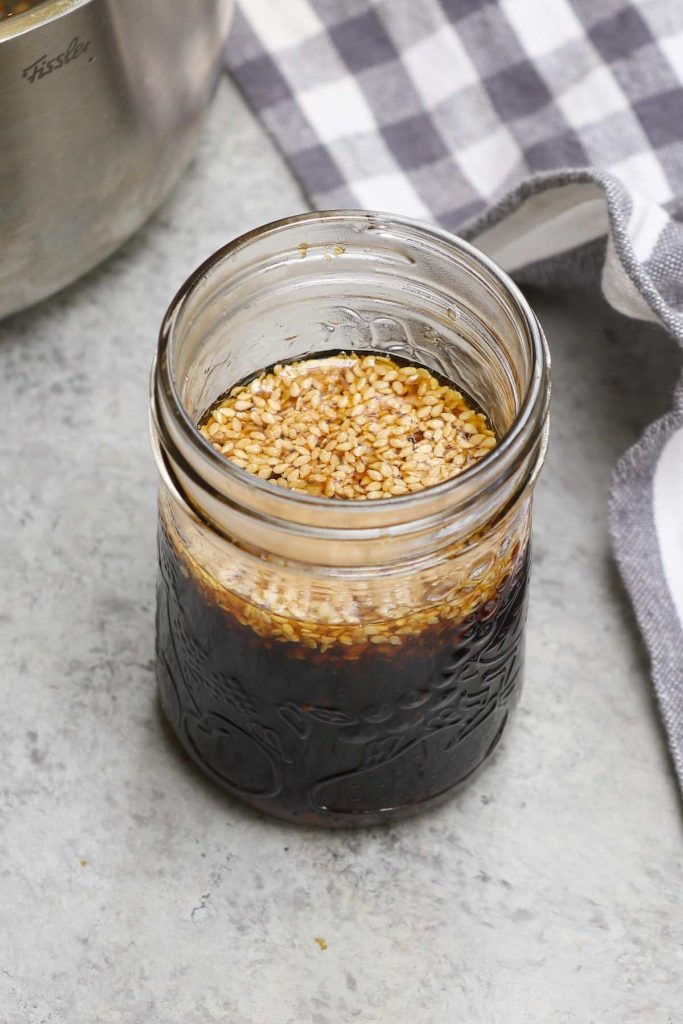 Homemade Mongolian BBQ sauce on the counter.