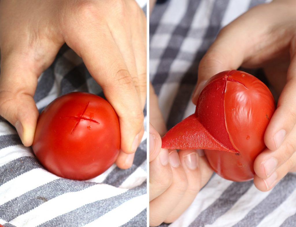 Photo on the left showing scoring "X" on the bottom of the plum tomato; photo on the right showing peeling off the skin after blanching.