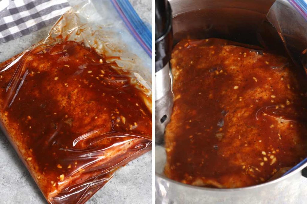 Photo on the left showing vacuum sealed brisket in a ziptop bag; the photo on the right showing sous vide cooking the brisket in a water bath.