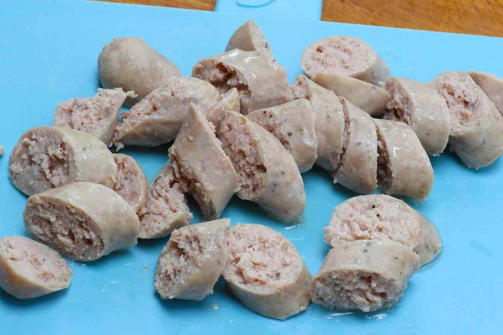 Sous vide cooked sausages cut into bit-sized pieces.