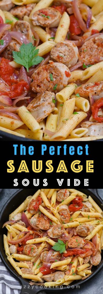 For the juicy texture and hearty flavor, nothing beats scrumptious Sous Vide Sausage. It’s cooked in a sous vide warm water bath at a precise temperature with minimal effort. The sausage is then cut into rounds and tossed with cooked pasta and vegetables in a delicious sauce. It’s a perfect weeknight dinner that tastes like it came from a restaurant! #SousVideSausage #SousVideItalianSausage #SousVidePorkSausage