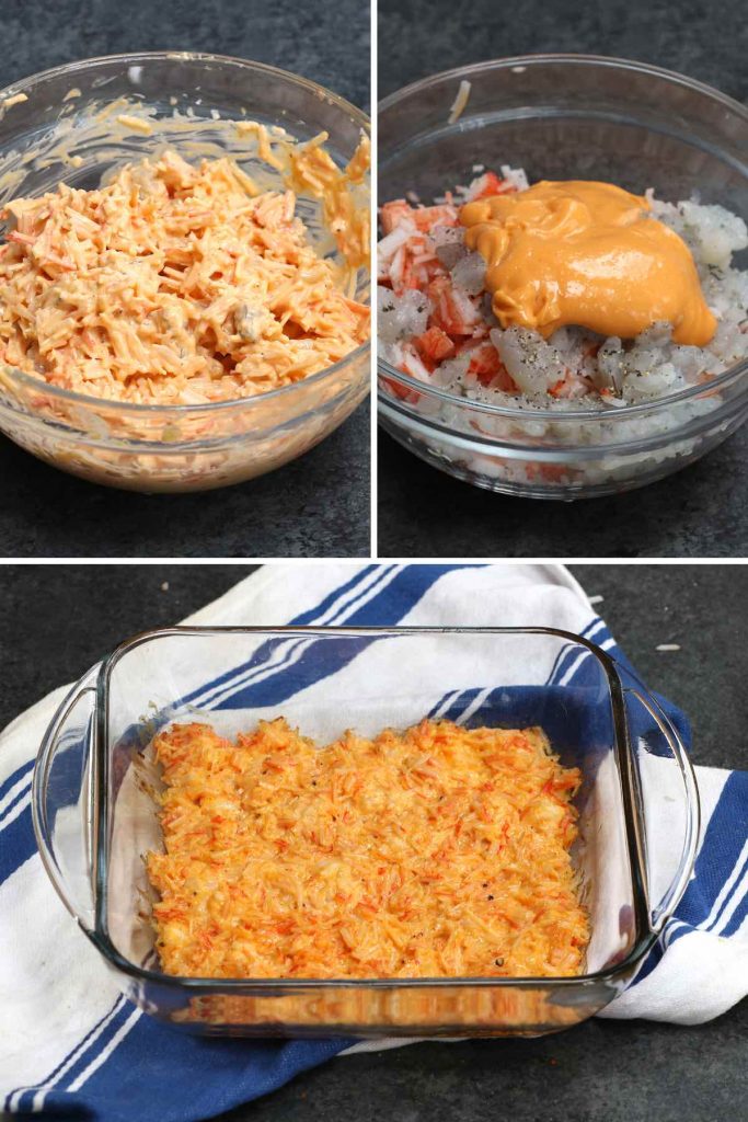 Photo collage showing how to make crab salad "lava" topping.