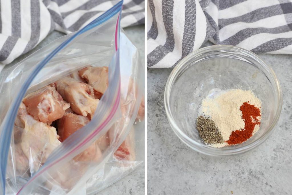 Photo on the left showing raw chicken wings in a zip-top bag; photo on the right showing mixing together spices.