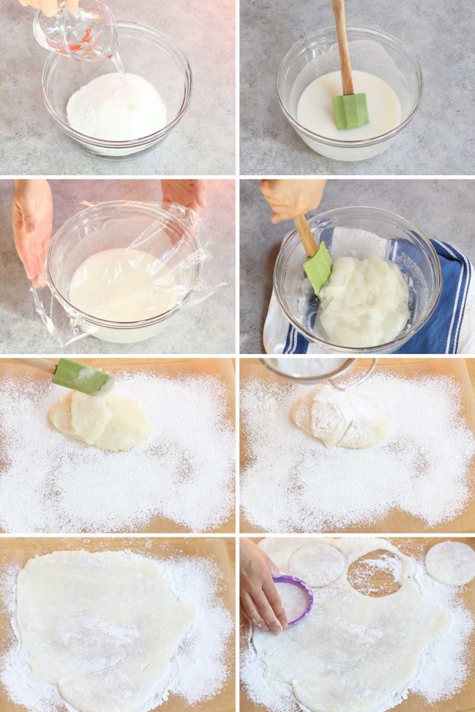 Steps to making mochi wrappers using microwave method.