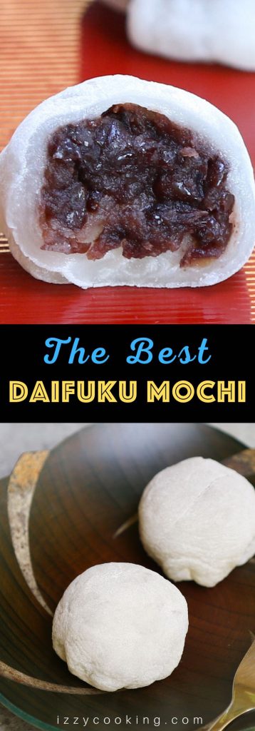 Daifuku!! This popular Japanese recipe makes a soft, tender, and chewy mochi rice cake enclosing a creamy, sweet red bean paste filling. Pure dessert bliss! With some simple tips, you can make this delicious snack in your own home and customize with your favorite fillings. #daifuku #DaifukuMochi