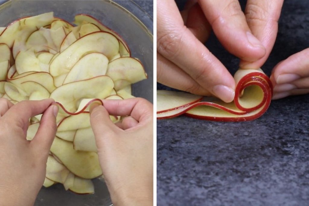 Process photos showing how to make apple roses.