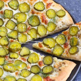 Pickles on Pizza! I never thought I’d like the idea, then once upon a time I tried Dill Pickle Pizza with garlic sauce. It changed my entire outlook on pickle pizza. The combination of cheesy, garlicky, and tangy flavors is seriously good! And there’s ranch on the side for dipping.