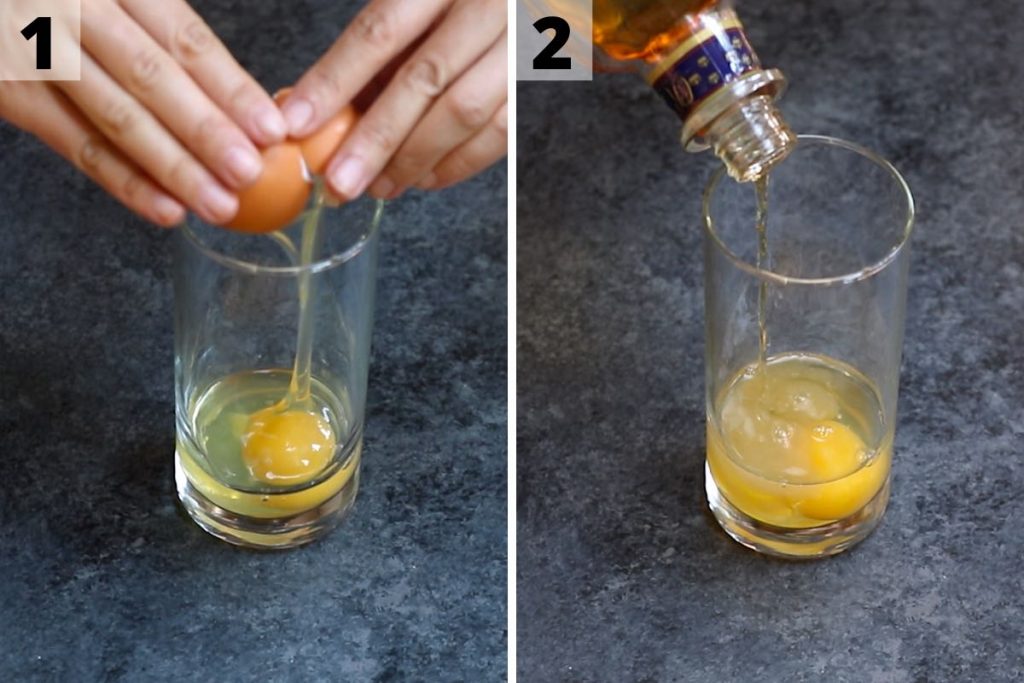 Photo collage showing cracking the egg into the glass and pouring in whiskey.