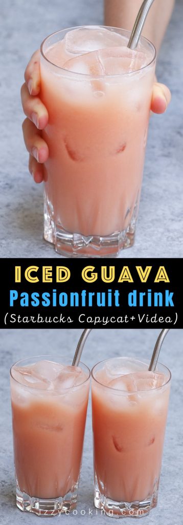 Iced Guava Passionfruit Drink is the new pink drink that has joined Starbucks’ permanent menu! Now you can make this tropical drink at home! This DIY copycat guava drink recipe has the perfect blend of guava, pineapple and coconut flavor. It’s a dairy-free refreshing fruity beverage that takes less than 5 minutes to make. #IcedGuavaPassionfruitDrinkStarbucks #GuavaDrinkStarbucks