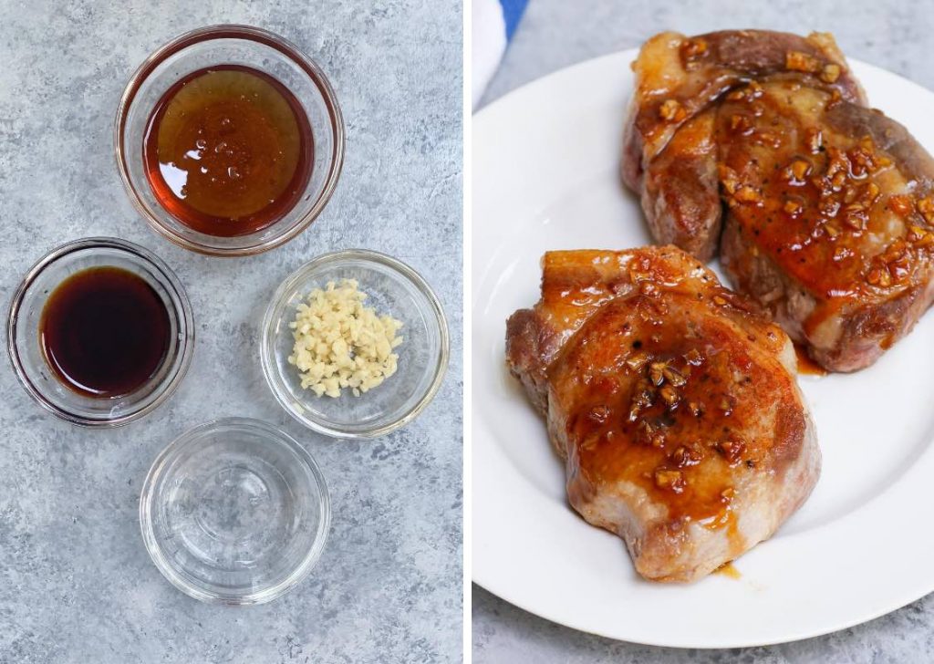 Honey Garlic Sous Vide Pork Chops: sauce ingredients on the left, and cooked pork chops on the right.