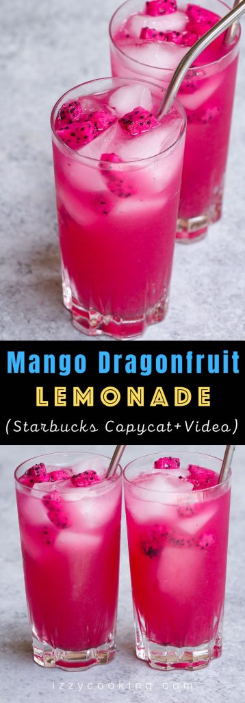 The beautiful pink Mango Dragonfruit Lemonade is a perfect summer refreshing drink that you can enjoy year-round. This easy Starbucks copycat recipe takes less than 5 minutes to make with only 4 ingredients. The dragon fruit powder gives this refresher a vibrant pink color, while the lemonade adds extra tropical fruity flavors to the iced beverage!