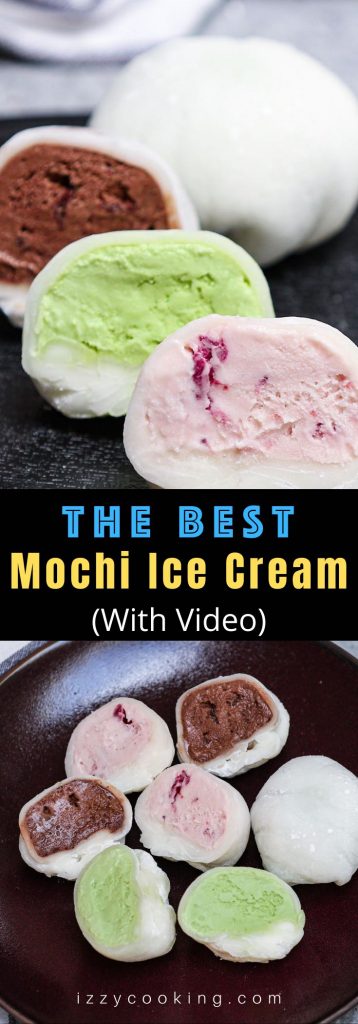 Mochi Ice Cream – sweet and creamy ice cream wrapped in smooth and pillowy mochi dough! It will float into your mouth and disappear! This easy Japanese dessert recipe makes a batch of the most delicious and dainty ice cream mochi balls with different flavors. Try strawberry, green tea matcha, or chocolate! #MochiIceCream #Mochi