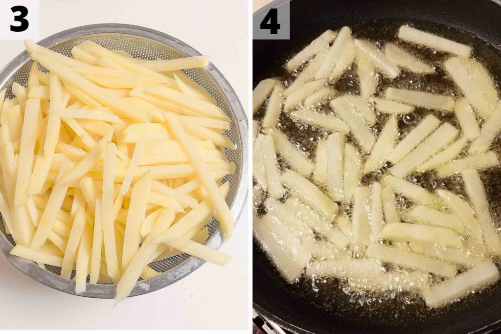 Salchipapas: making French Fries step 3 and 4 photos.