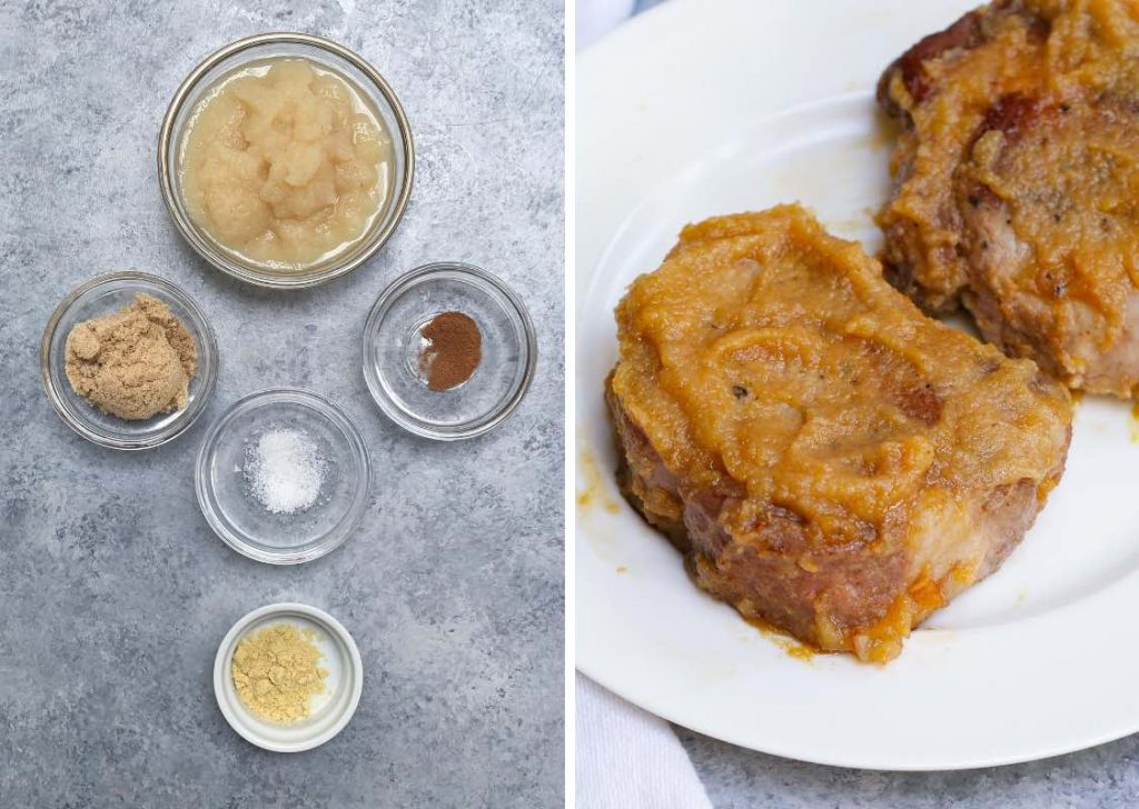 Sous Vide Pork Chops with Applesauce: sauce ingredients on the left, and cooked pork chops on the right.
