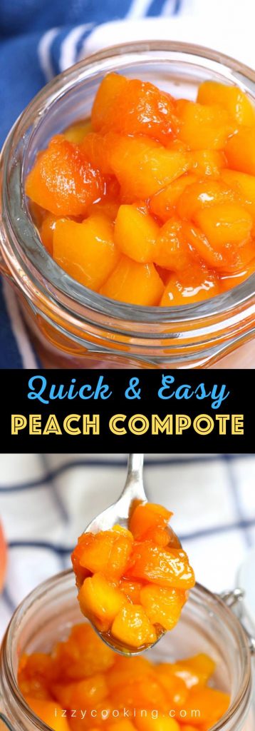 Looking for a quick and easy peach dessert? Try Peach Compote! This recipe is made with fresh (or frozen) peaches, sugar, and lemon juice, ready in as little as 15 minutes. Serve this homemade peach sauce on French toast, cake, ice cream, pancakes, or anything else that could use some fruity flavor! #PeachCompote