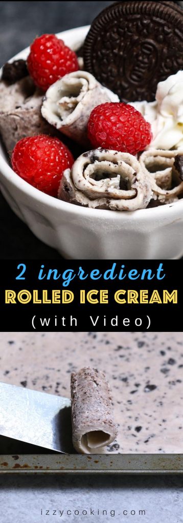 This homemade Rolled Ice Cream has the sweet and milky frozen dessert rolled up in a Thai ice cream style. It’s made with 2 basic ingredients “stir-fried” on a baking sheet at home, and then topped with your favorite flavors like Oreos, whipped cream, or raspberries. It tastes just like the store-bought roll-up ice cream, and no special machine required. This is sure to be a big crowd-pleaser! #RolledIceCream #ThaiRolledIceCream #ThaiIceCream