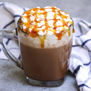 This Salted Caramel Mocha is the real deal! It gives you all the delicious flavor of Starbucks’ drink at the fraction of the price. Sweet, creamy, and full of chocolate and coffee flavor, this homemade salted caramel mocha latte is so easy to make with a few simple ingredients.