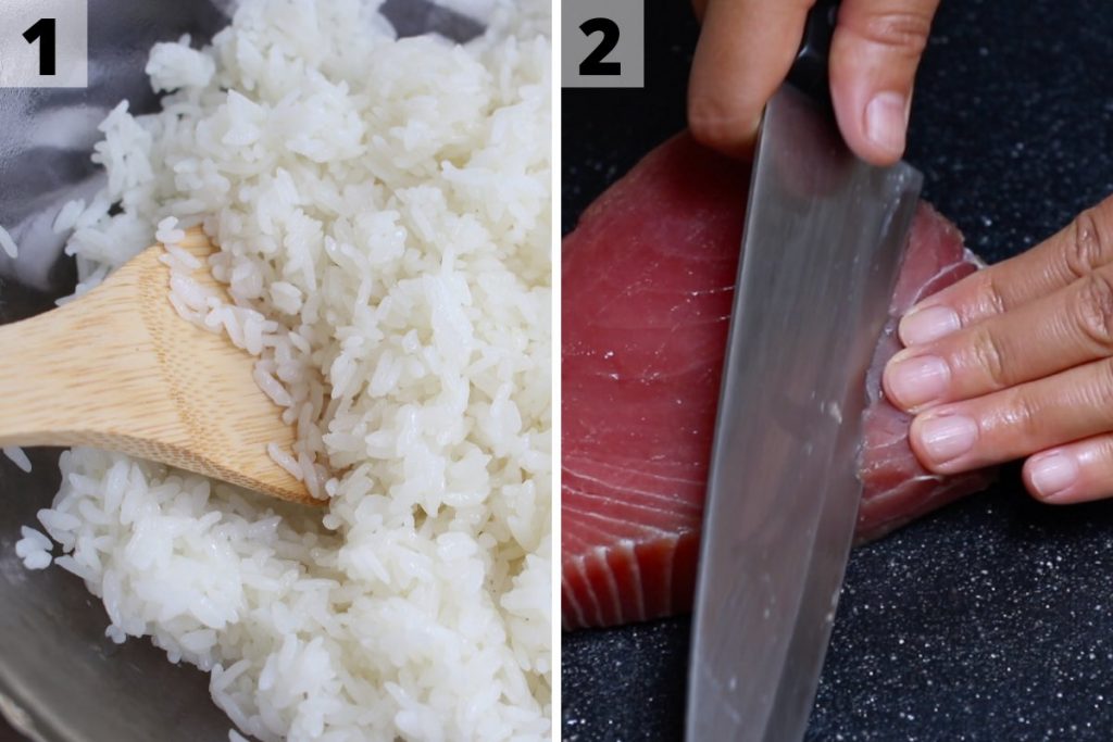 Tuna nigiri recipe: step 1 and 2 photos.