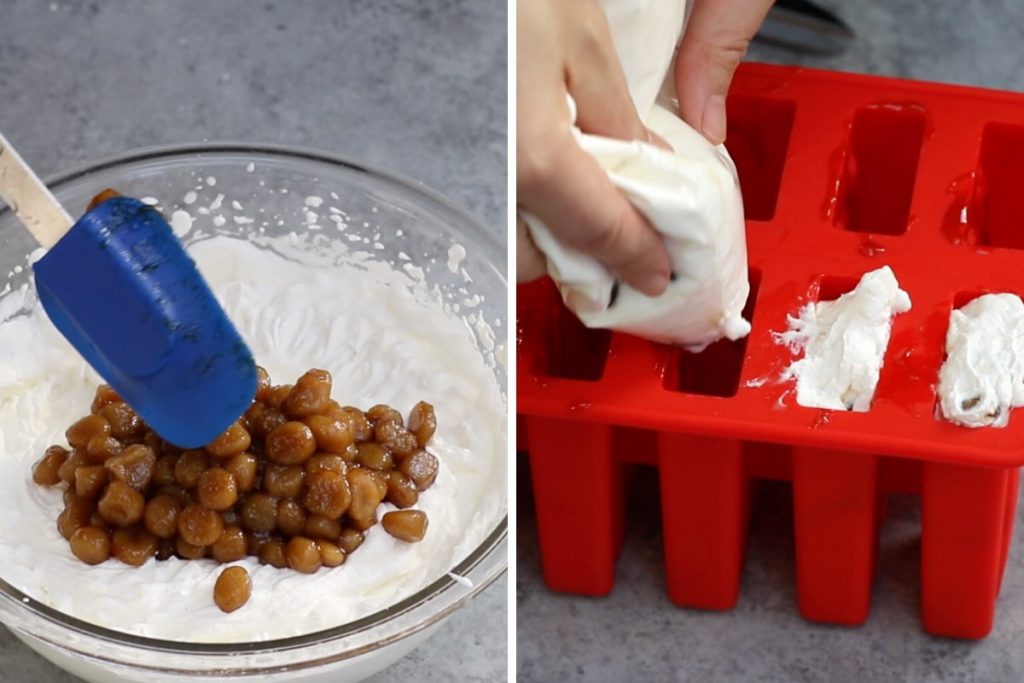 Boba Ice Cream Step 4: showing adding the ice cream and boba mixture to the popsicle mold.