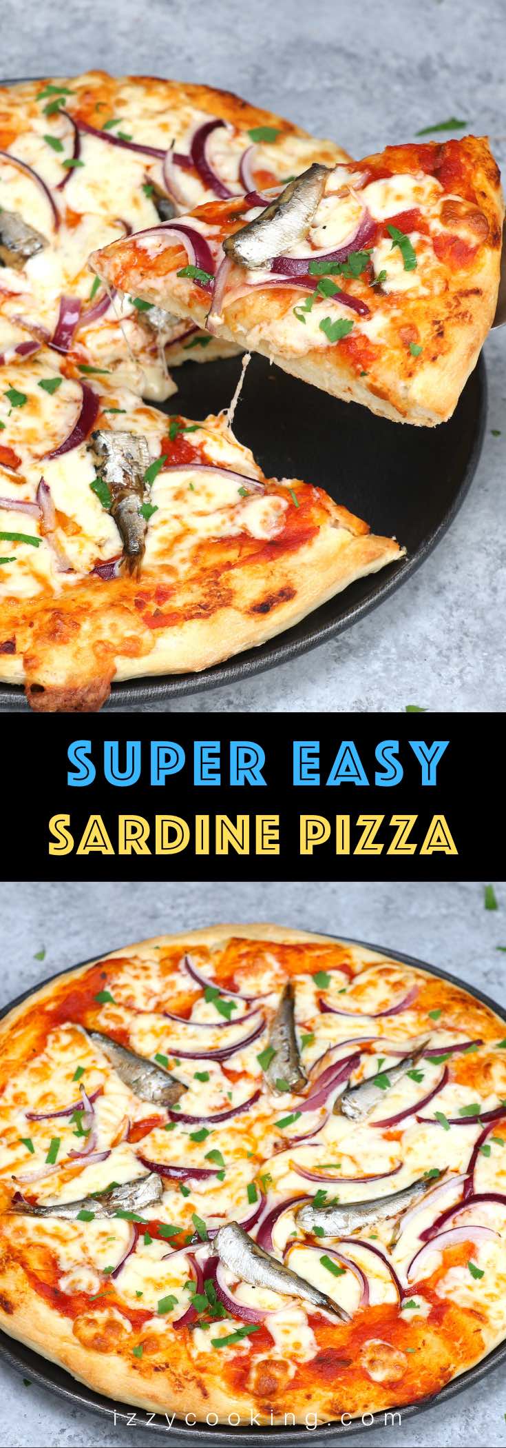 Sardine Pizza is my go-to meal when I have canned sardines and onions on hand. This classic Italian recipe is really easy and delicious. You’ll want to make this homemade pizza over and over again! #SardinePizza