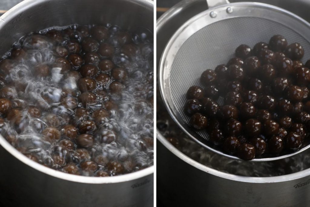 Step 2 photos showing cooking tapioca pearls.