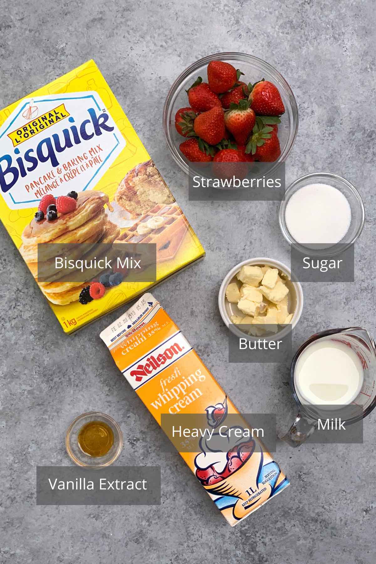 Bisquick Strawberry Shortcake ingredients on the counter.