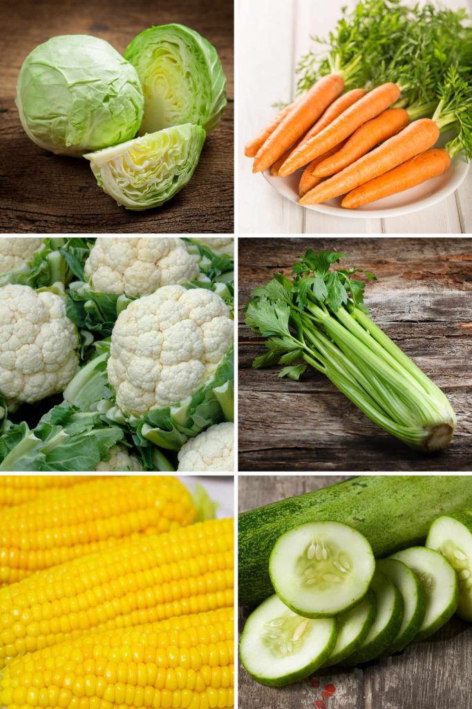 Photo collage showing 6 vegetables that start with C.