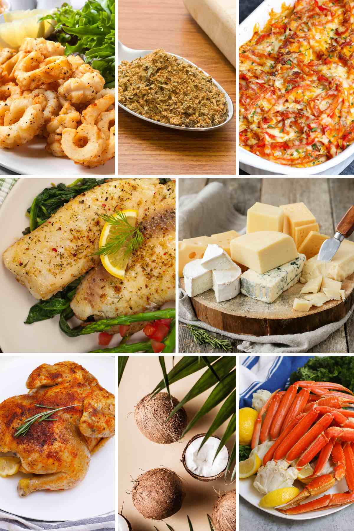 Photo collage showing 8 other foods that start with c.