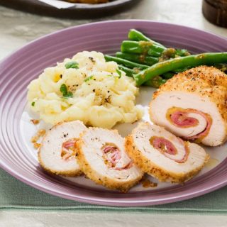 Microwave mashed potatoes are a quick and easy side dish to serve with chicken cordon bleu!