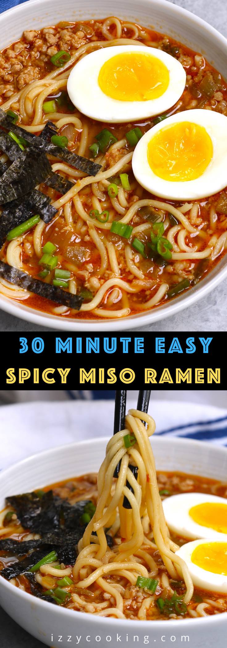 This warm, flavorful Spicy Miso Ramen will satisfy your cravings with a savory chicken broth, hearty ramen noodles and toppings like soft-boiled eggs and green onions. You can easily make this delicious, authentic miso ramen at home in less than 30 minutes – it’s even better than the one from the restaurant!