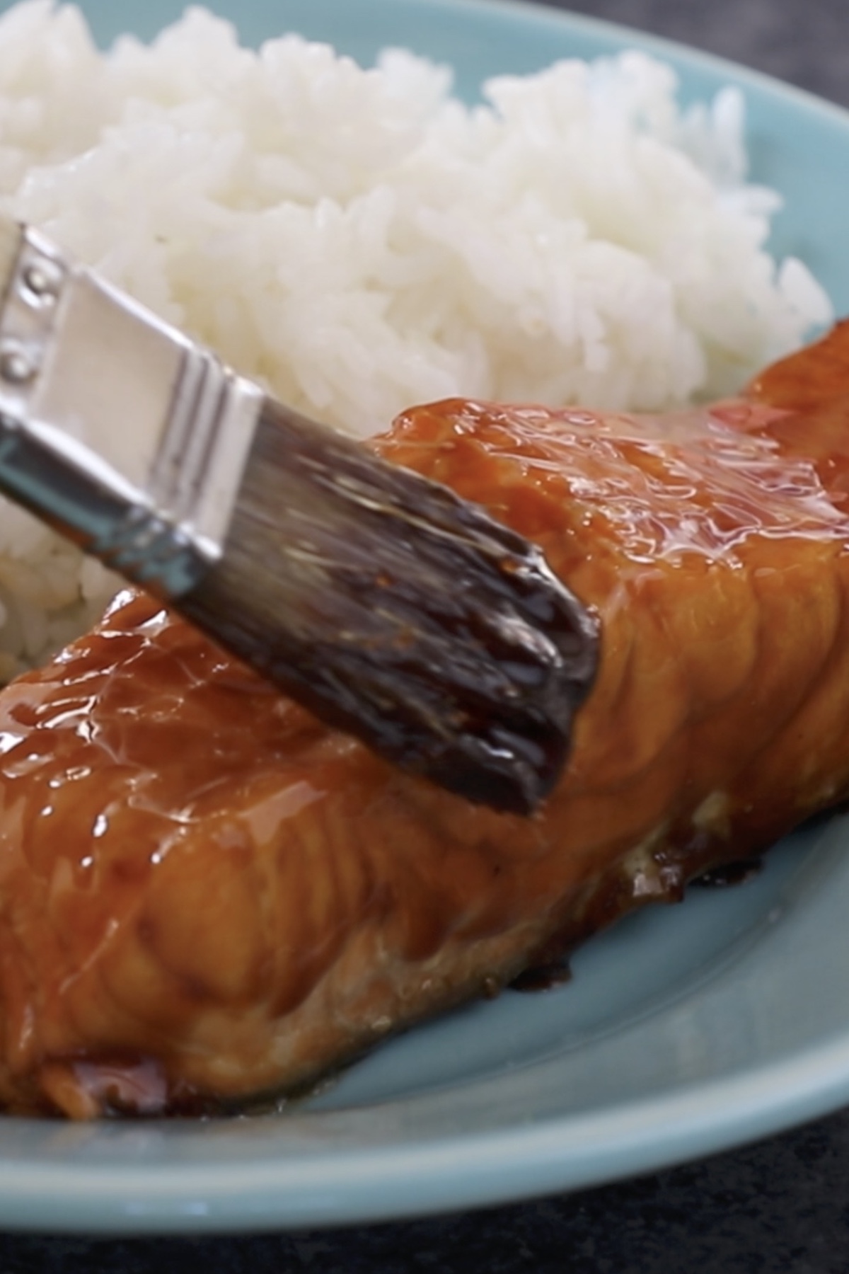 Unagi sauce brushed on baked salmon