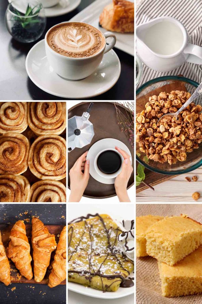 Photo collage showing breakfast dishes that start with c.