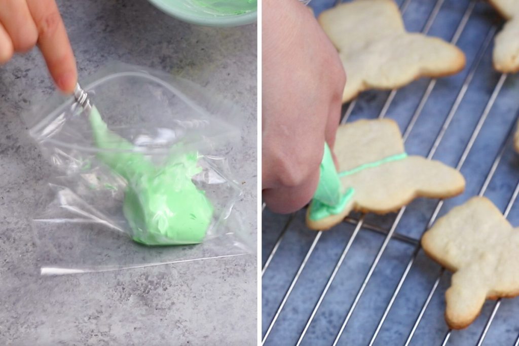 Baby yoda cookies recipe: step 5 photo collage showing how to decorate baby yoda cookies.
