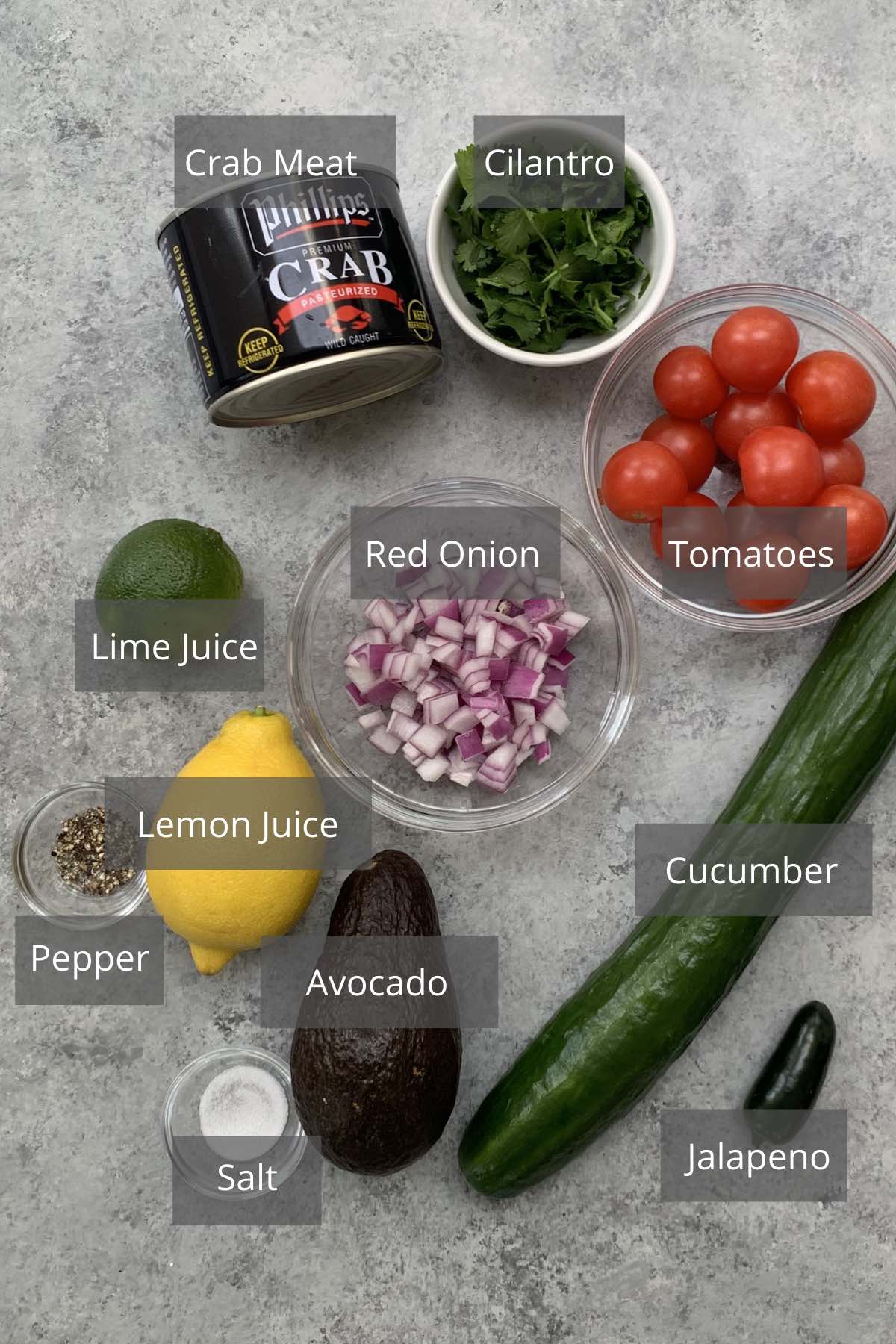 Jaiba Ceviche ingredients on the counter.